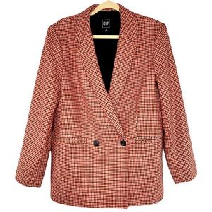 GAP Houndstooth Wool Blend Blazer Red Cream Double Breasted Jacket Casual Sz 16